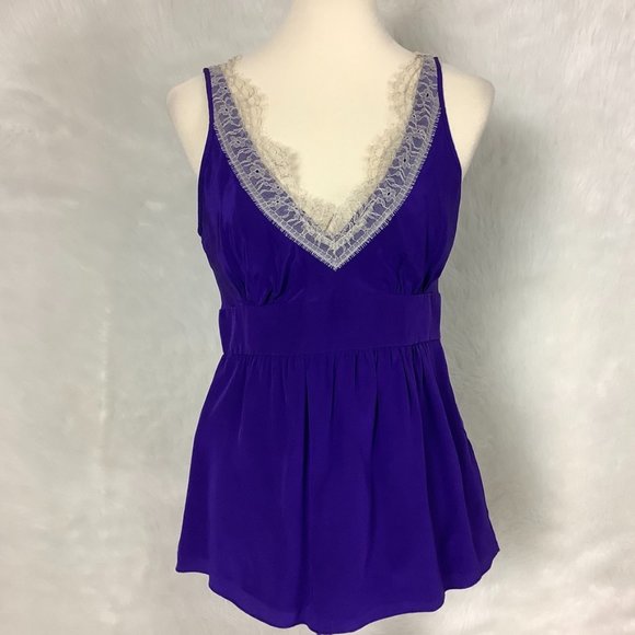 Vintage Y2K, 2000s Tibi Sleeveless Purple Silk & Ivory Lace Blouse 8 - Picture 1 of 7